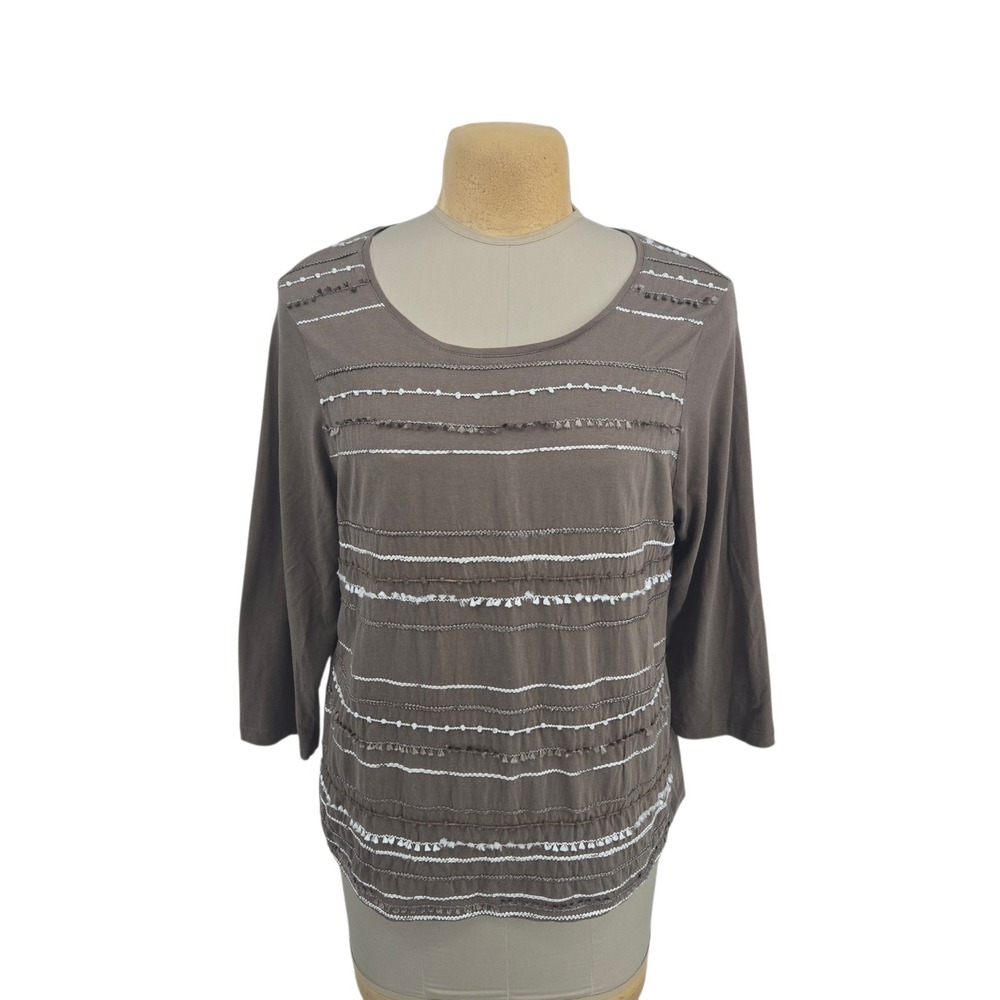 Chico's Tunic Top Women Size 2 Brown Embroidered Tassel 3/4 Sleeve Casual Boho